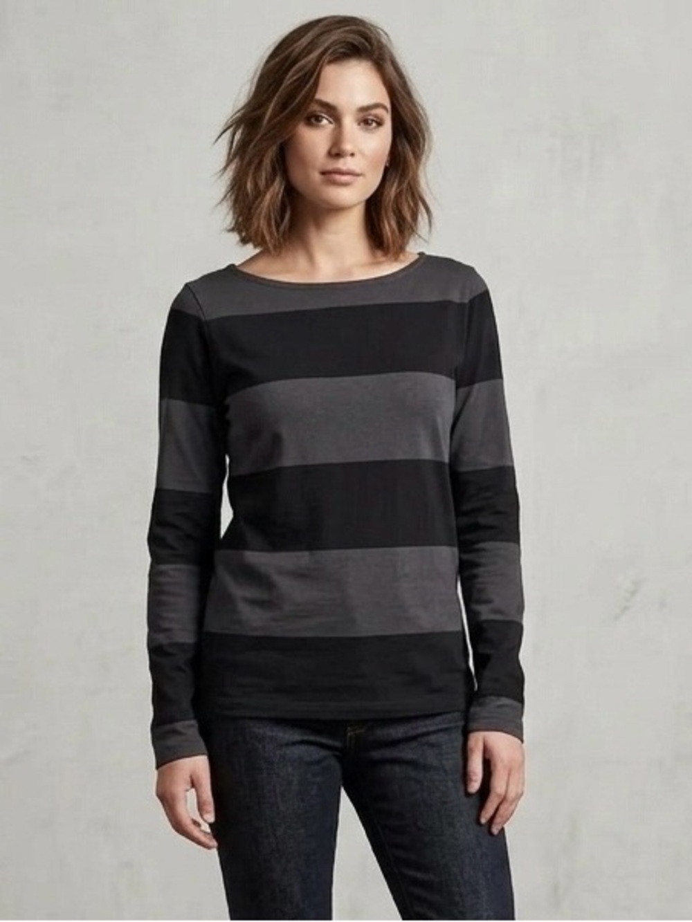 Jarbo Striped Boatneck Long Sleeve Shirt Gray Black Luxury Minimalist